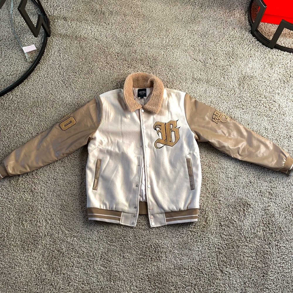 Varsity Jacket Mens BooHooMan size L tan cream color